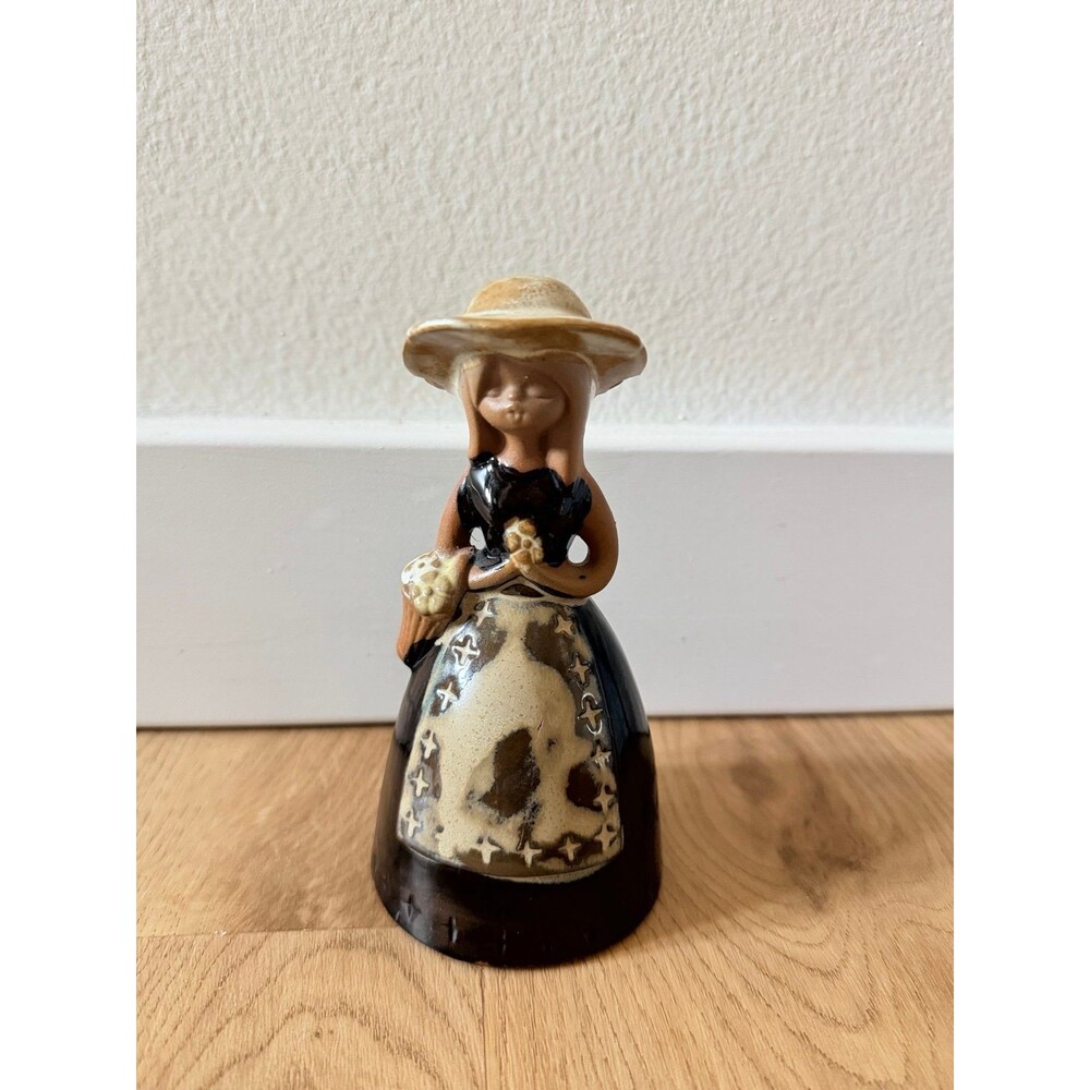 Vintage mid-century European flower markets, girl statue/figure pottery bell